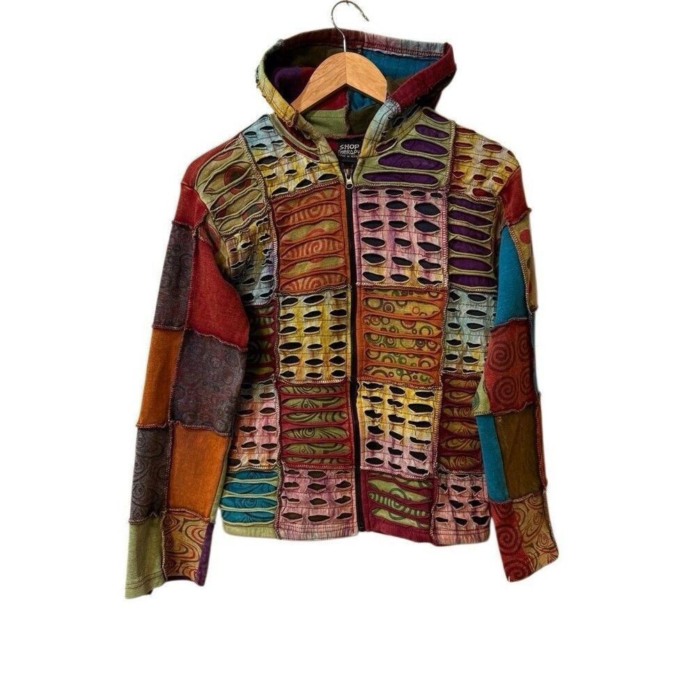 Patchwork Festival Hippie Hoodie Women’s 100% Cotton Full Zip Medium Boho